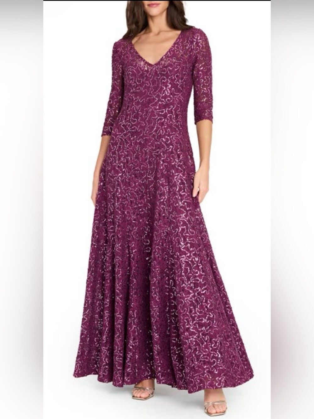 Tahari V Neck Lace A-Line maxi Evening Gown wedding formal dress plum sz 14 new